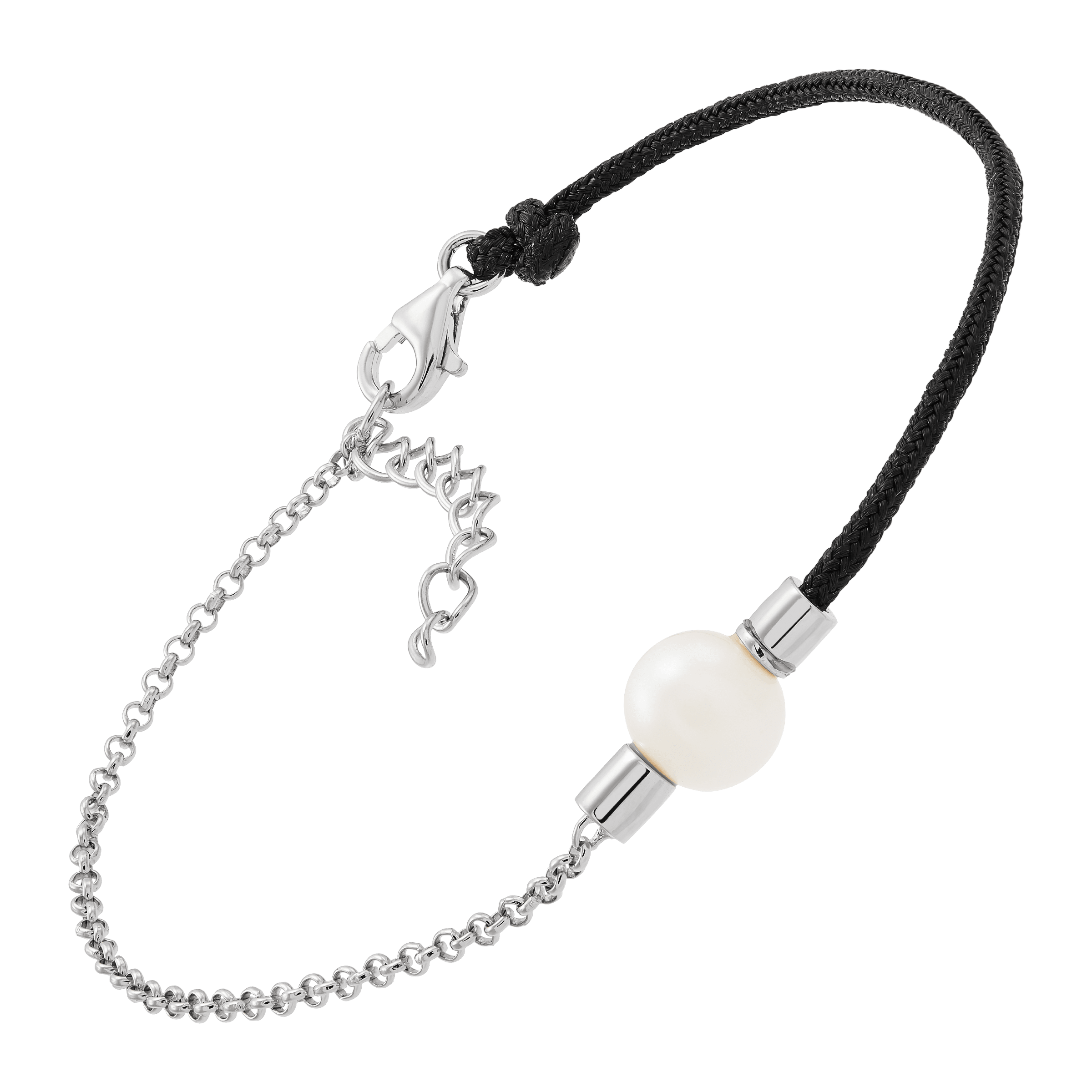 Welry Sterling Silver Black Cord Bracelet with Freshwater Pearl, 7" + 1