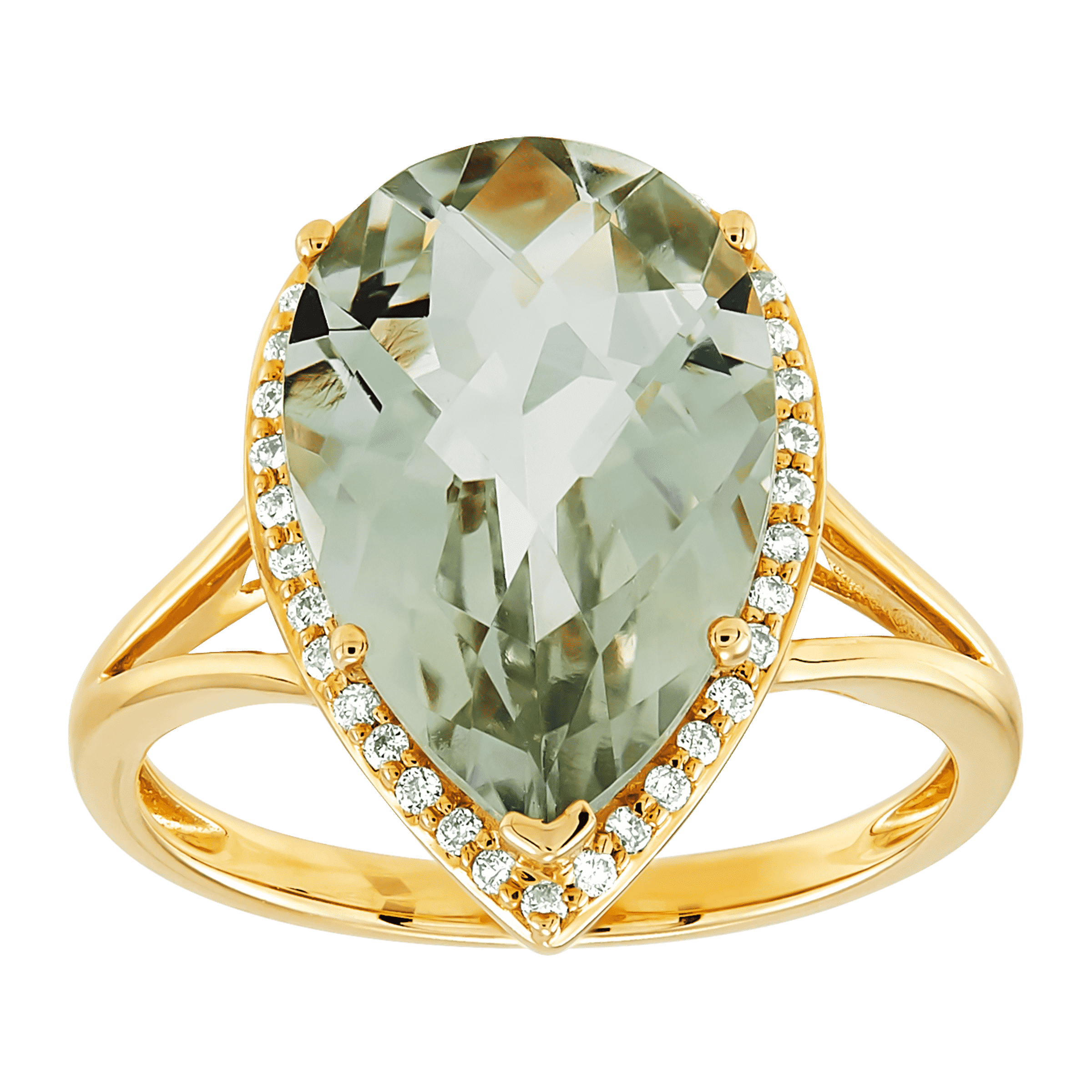 WELRY Pre-owned Natural Pear-cut Green Amethyst & 1/6 Cttw Diamond Ring In 10k Yellow Gold