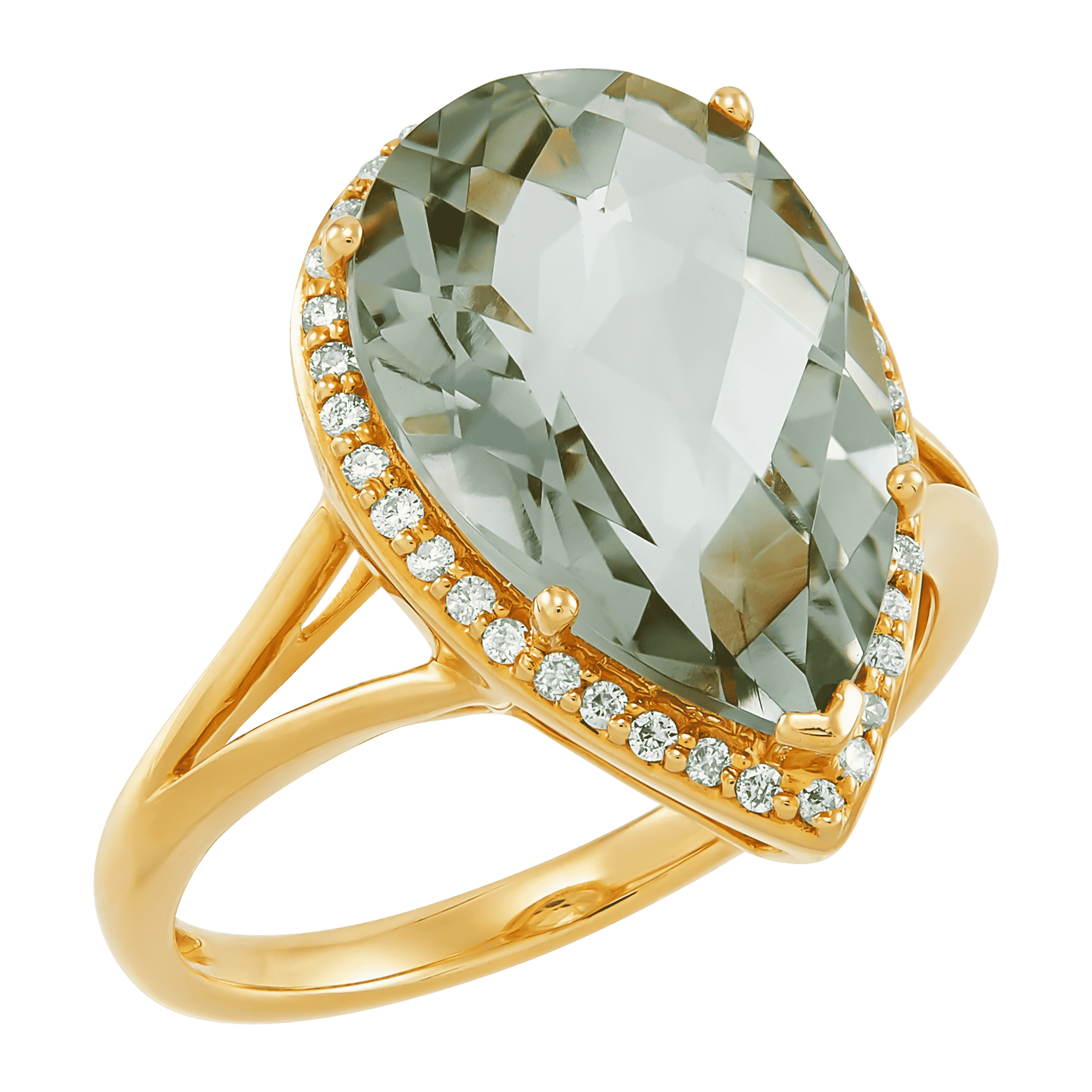 WELRY Pre-owned Natural Pear-cut Green Amethyst & 1/6 Cttw Diamond Ring In 10k Yellow Gold